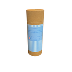 Tall cylindrical container with a blue label and cork-like top and bottom on a white background
