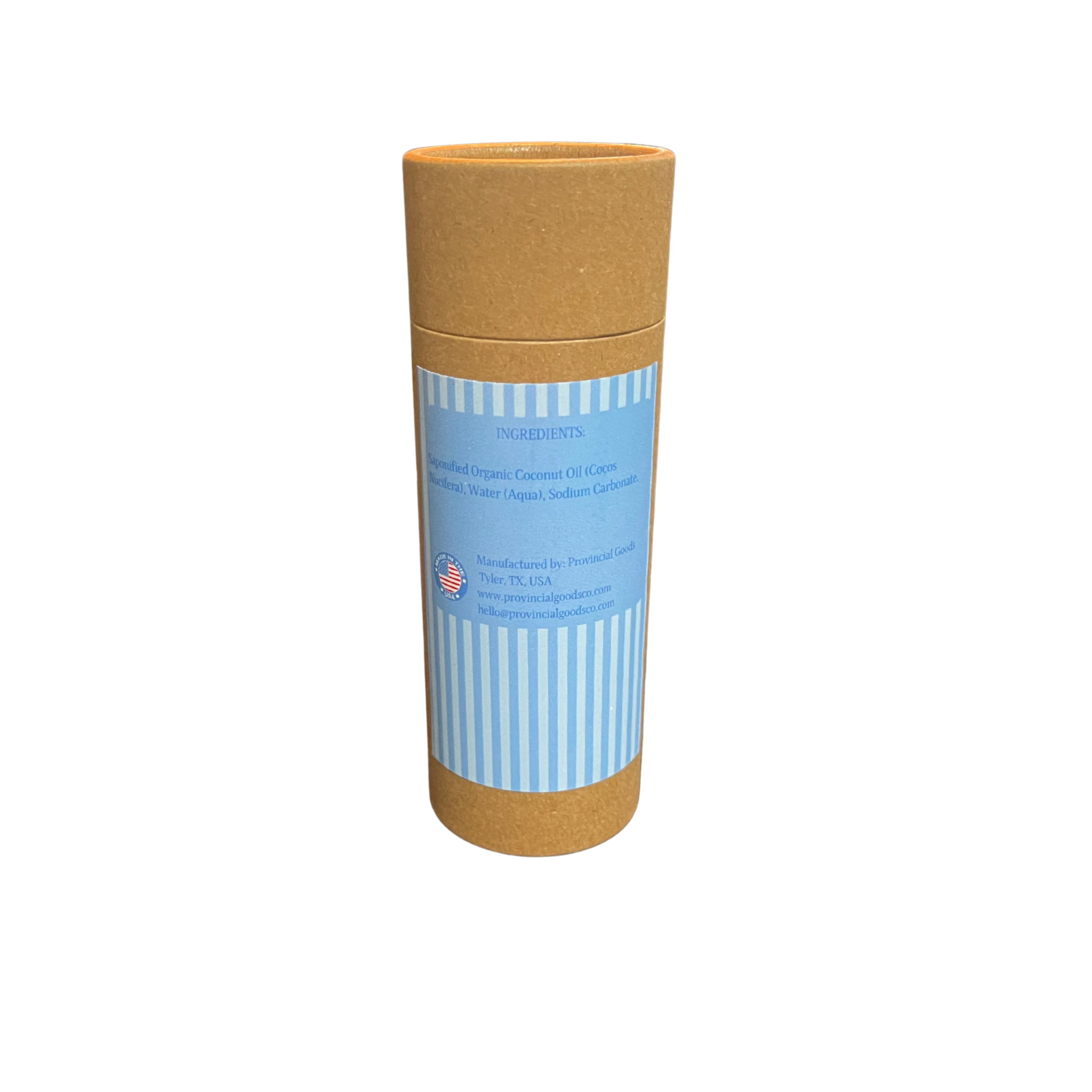 Tall cylindrical container with a blue label and cork-like top and bottom on a white background