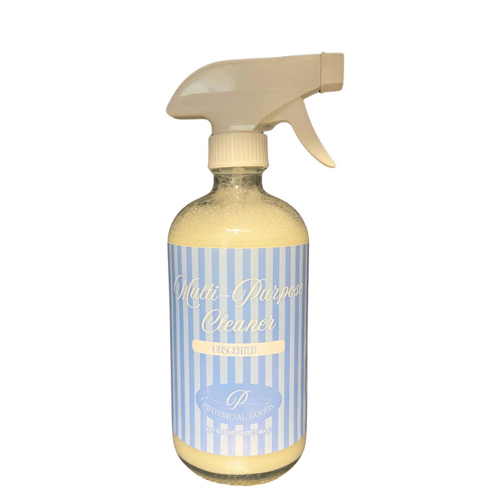 Multifunctional cleaner bottle with striped label on a white background