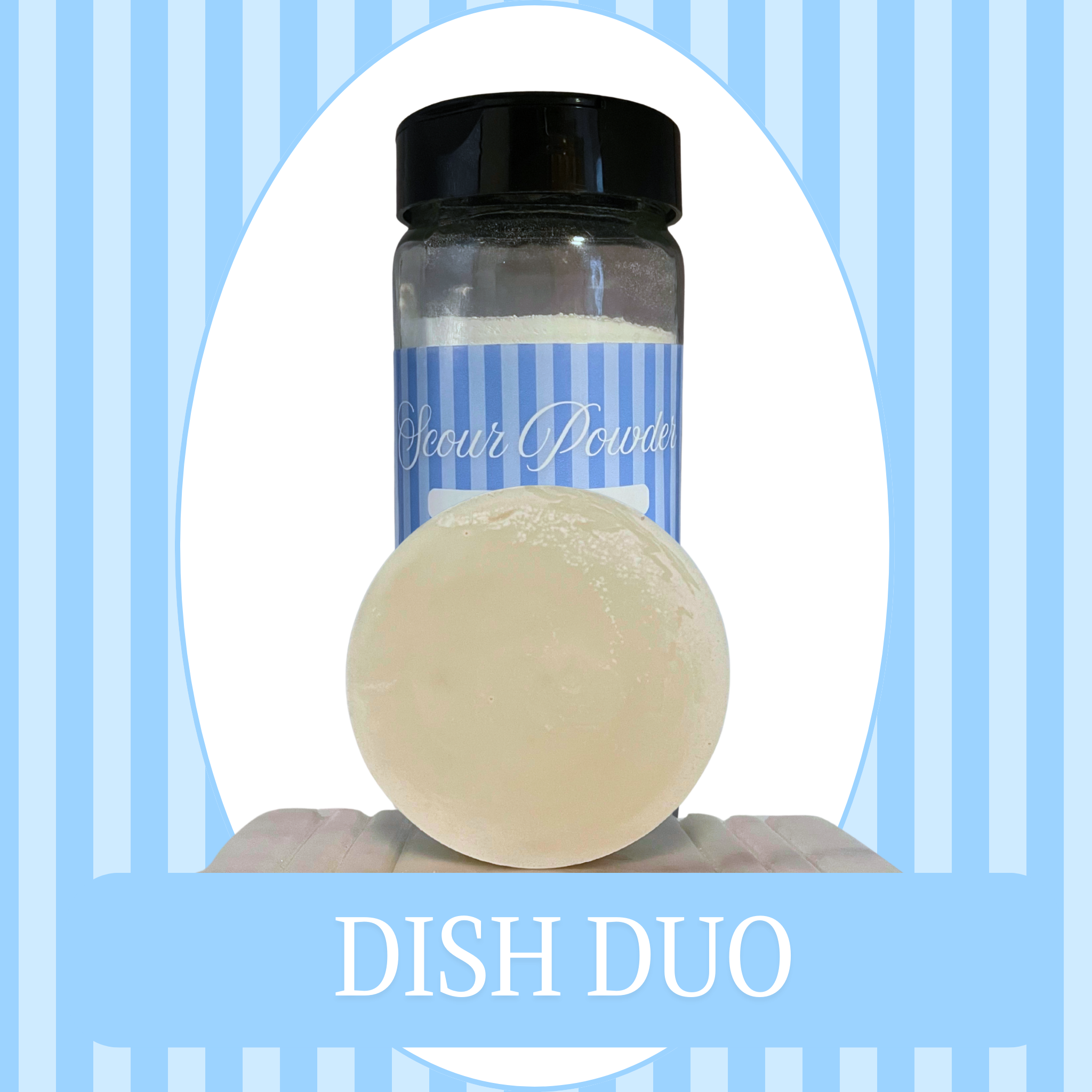 Blue Striped background with a white oval frame of a picture of a bottle of scour powder and a circular dish soap puck. The text at the bottom reads Dish Duo in white font.
