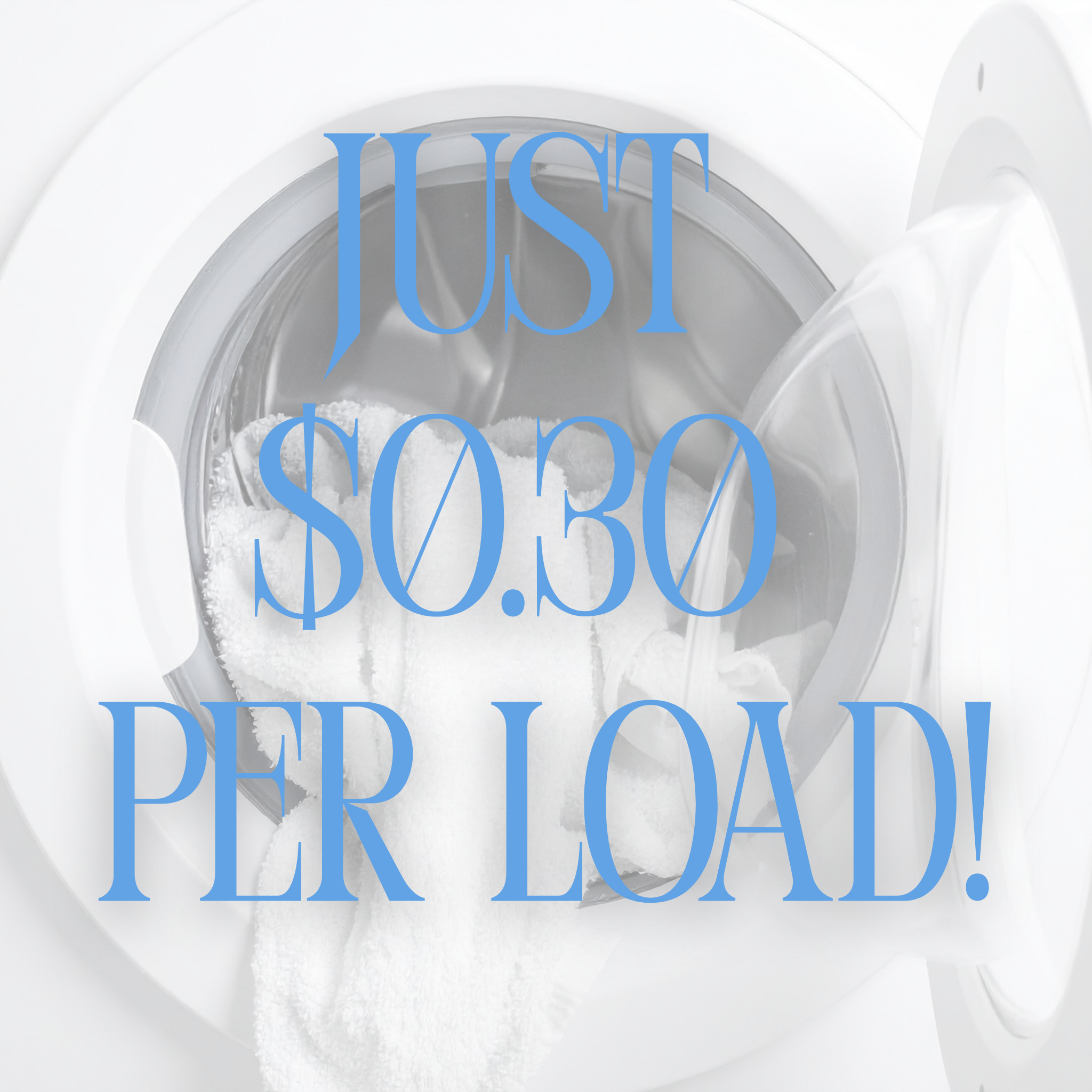 Laundry detergent with text 'JUST $0.30 PER LOAD!' displayed inside a washing machine.