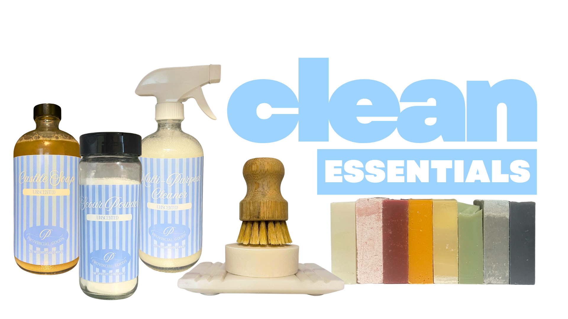 white background, blue text that says clean essentials with three images on it: 1 - set of 3 cleaners, 2 - solid dish soap puch & brush, 3 - set of rainbow bar soaps