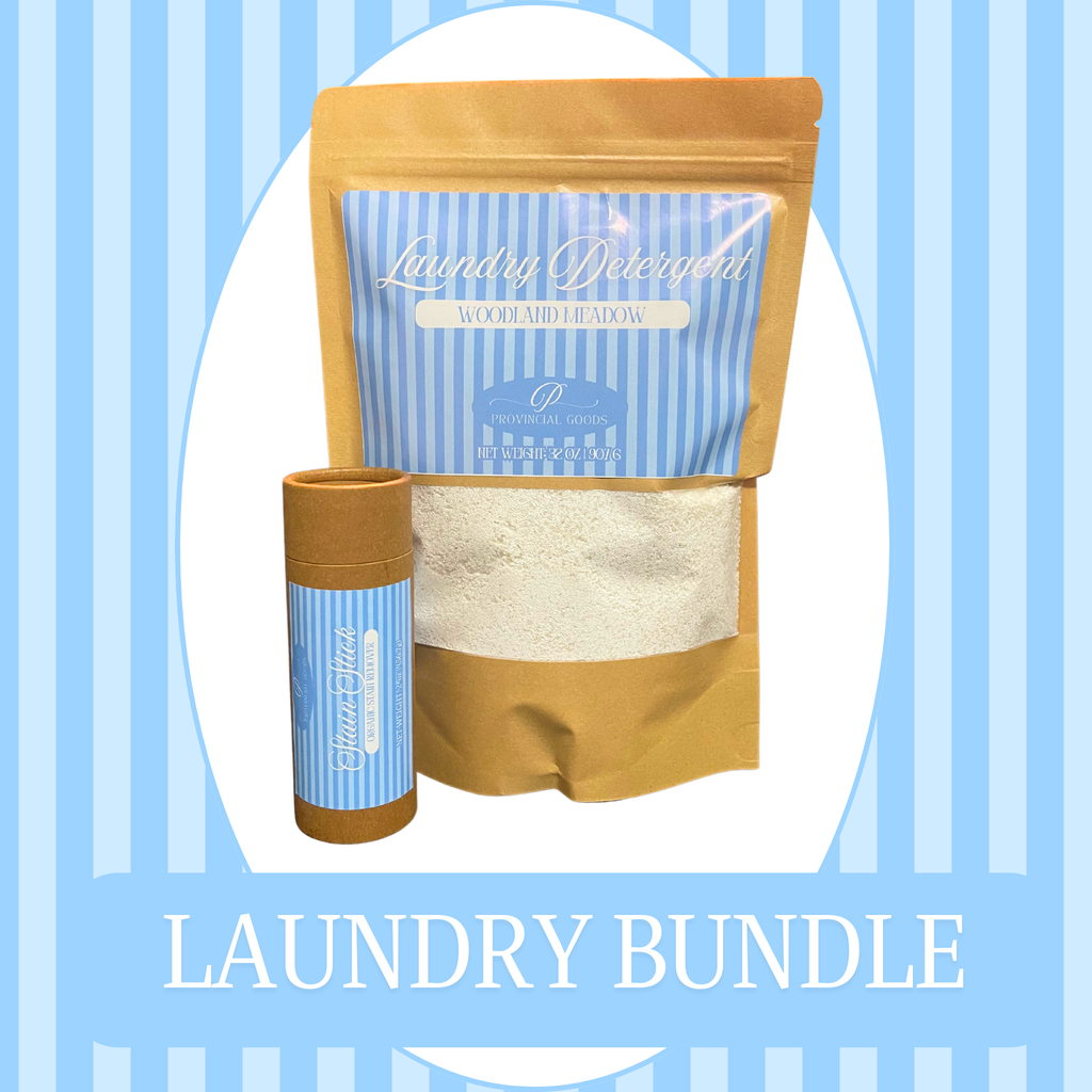 Laundry detergent bundle with a bag and container on a blue striped background