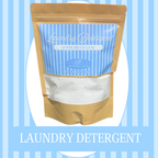 Laundry detergent package with a blue label on a blue striped background