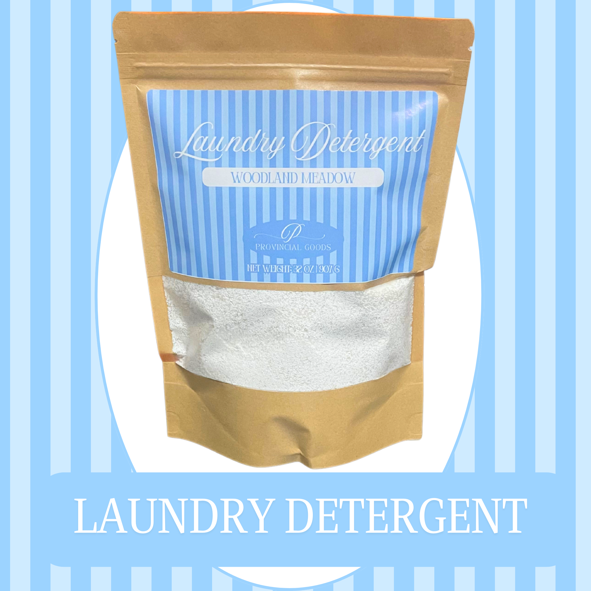 Laundry detergent package with a blue label on a blue striped background
