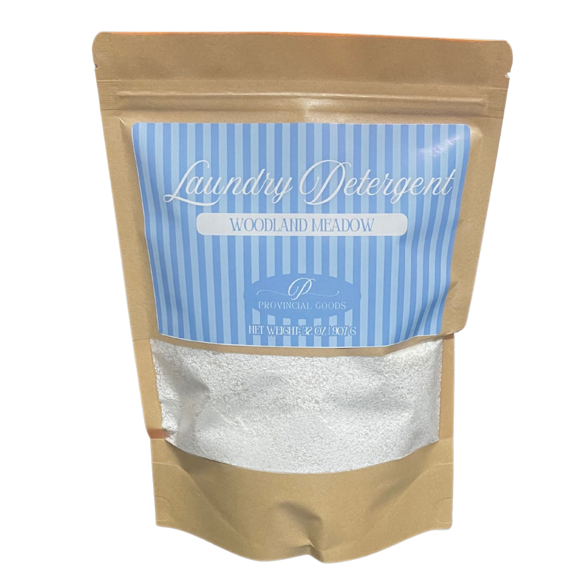 Laundry detergent package with blue label and brown packaging on a white background