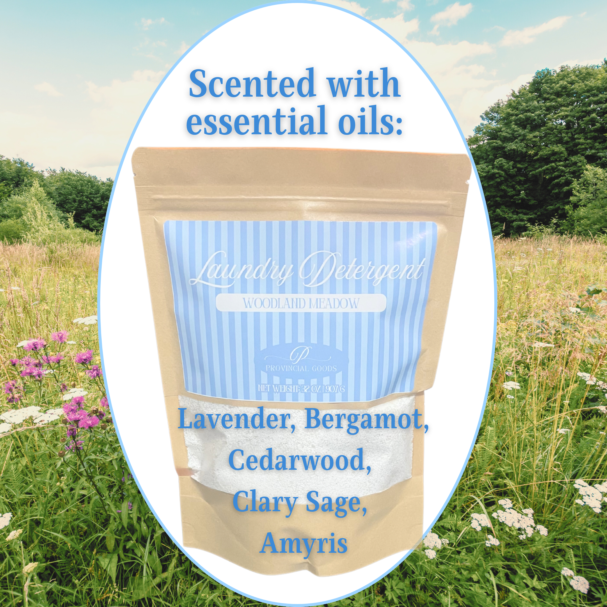 Package of laundry detergent with essential oils on a natural background