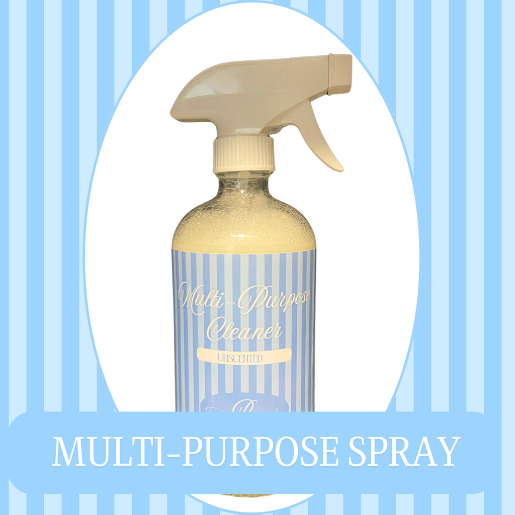 Blue striped background with a white oval frame around a glass spray bottle with cleaner inside. The text reads Multi-Purpose Spray.