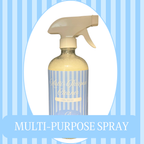 Blue striped background with a white oval frame around a glass spray bottle with cleaner inside. The text reads Multi-Purpose Spray.