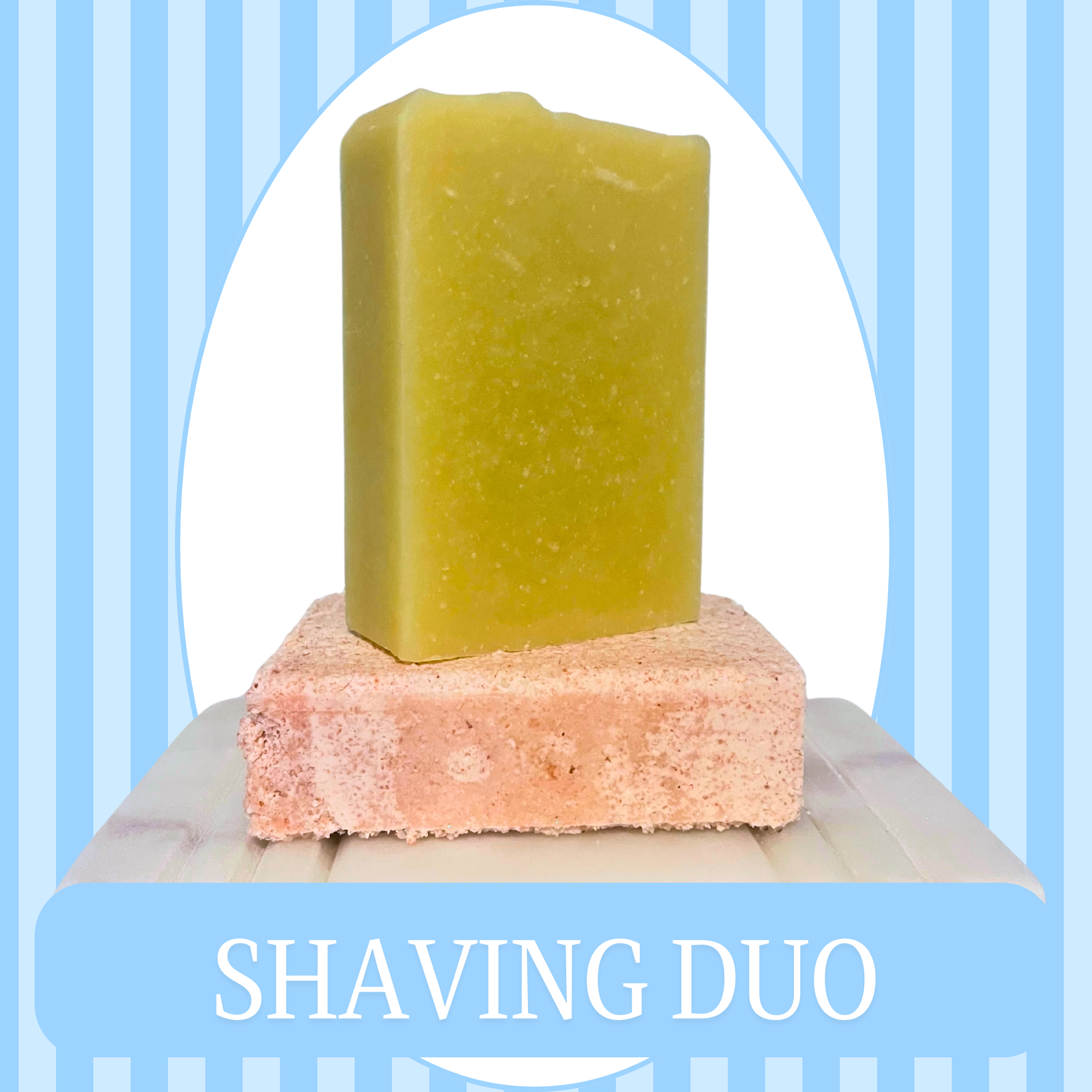 Blue Striped Background with White Oval Frame of a set of soaps sitting on a  soap dish. One is a pink Rose Quartz Salt Bar, the other is a White colored Shaving Bar. The text reads Shaving Duo.