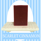 Blue striped background with a white oval frame around a sisal bag holding a blue bar soap. The text reads Scarlet Cinnamon.