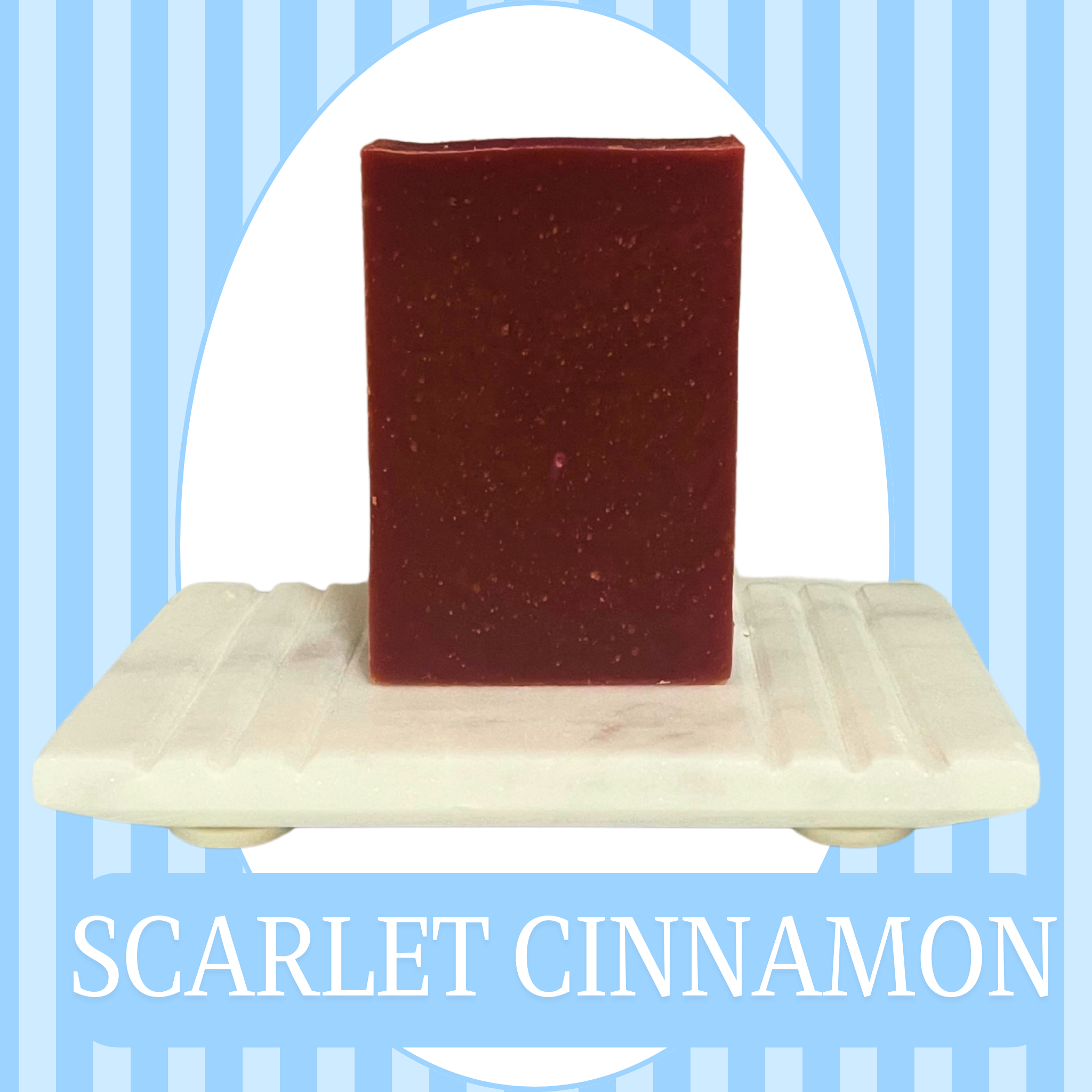 Blue striped background with a white oval frame around a sisal bag holding a blue bar soap. The text reads Scarlet Cinnamon.
