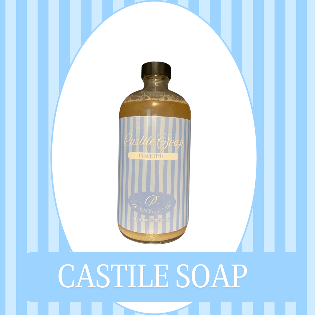 Bottle of Castile soap with a striped label on a blue background