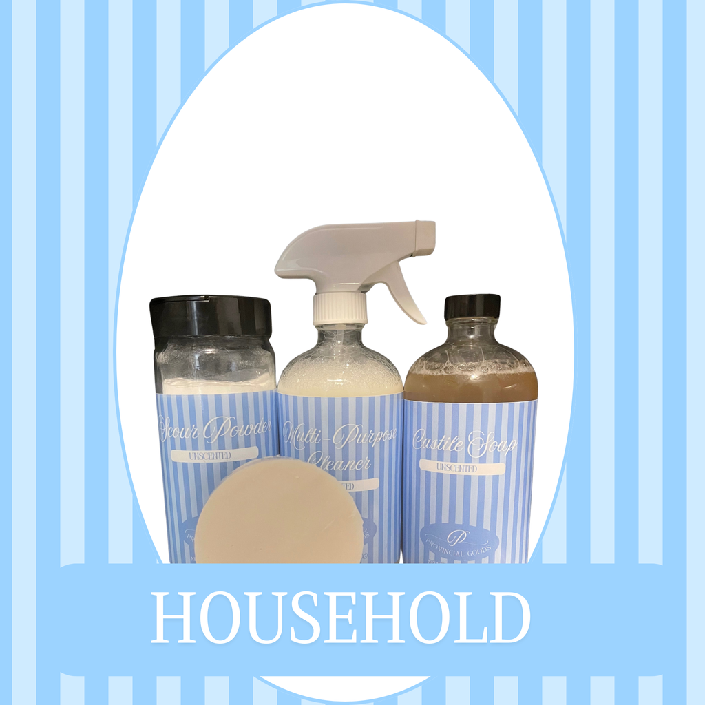 Blue Striped Background with White Oval Frame of a set of 4 products: 1 - solid dish soap puck, 1 scour powder bottle, 1 multi-purpose cleaner spray, 1 castile soap bottle. The text reads Household